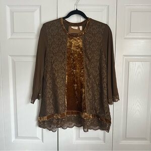 LOGO Lavish Shirt Womens Small Brown Gold Lace Velvet Tunic Scallop Hem Boho